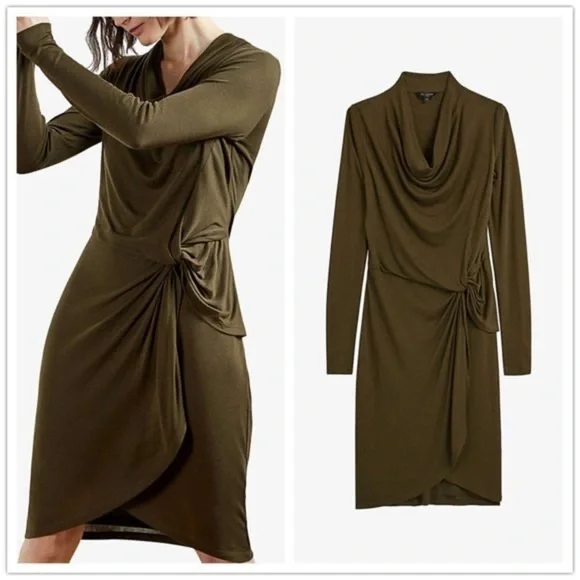 Ted BAKER Neyda Olive Long Sleeve Draped Jersey Knit Dress - Picture 15 of 16